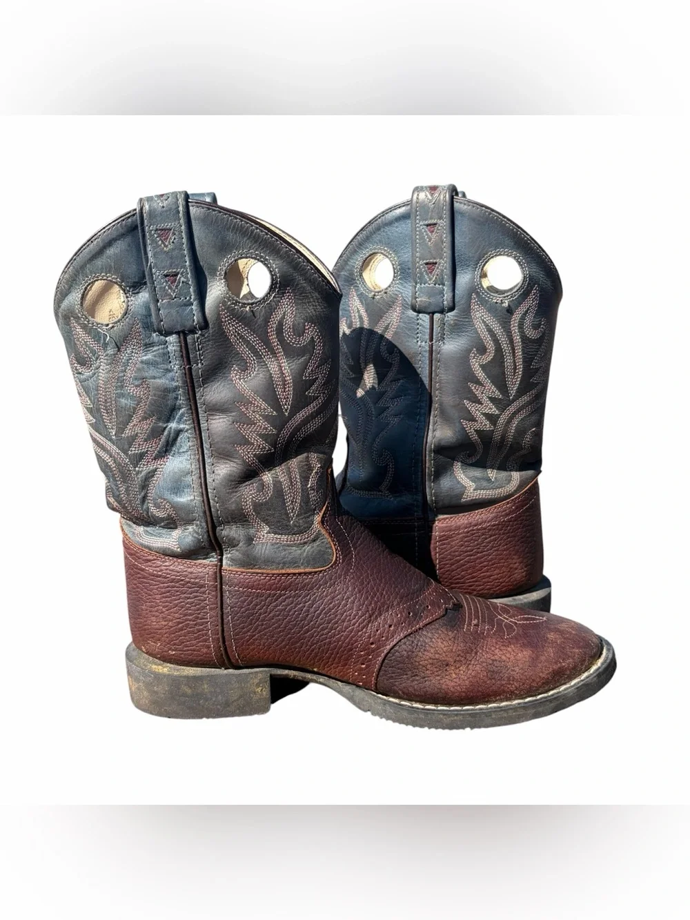 OLD WEST YOUTH LEATHER COWBOY BOOTS | SIZE 3.5 (035) | TWO-TONE BROWN & GREEN
